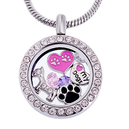 RUBYCA Themed Locket Necklace Crystal Birthstone Living Memory Floating Charm Silver Tone DIY