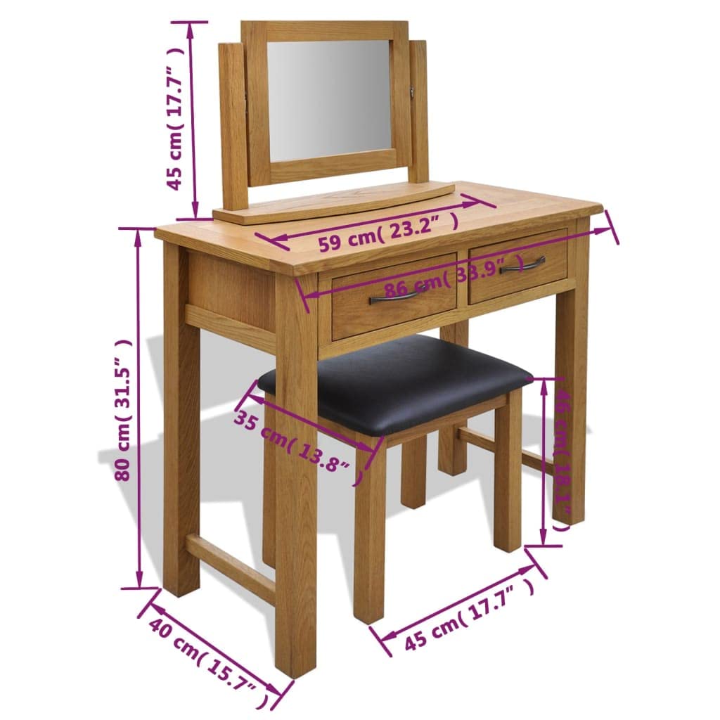 Tocador de madera maciza de roble con taburete y espejo, tocador de maquillaje, mesa de maquillaje, mesa con cajón, espacio de almacenamiento, para dormitorio, vestidor, mujer, niña