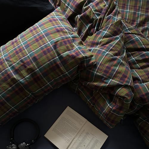 Image of VM VOUGEMARKET Neutral Multicolor Plaid Washed Cotton Duvet Cover Queen,Vintage Green & Purple Gingham Tartan Bedding Set for Modern & Rustic Bedrooms(90 inchx90 inch)
