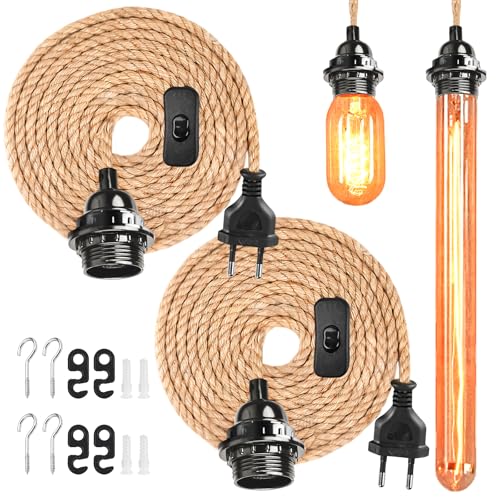 2 pezzi 4,5 m lampada a sospensione kit con interruttore vintage cavo lampada E27 tornito canapa portalampada con cavo fai da te per Farmhouse