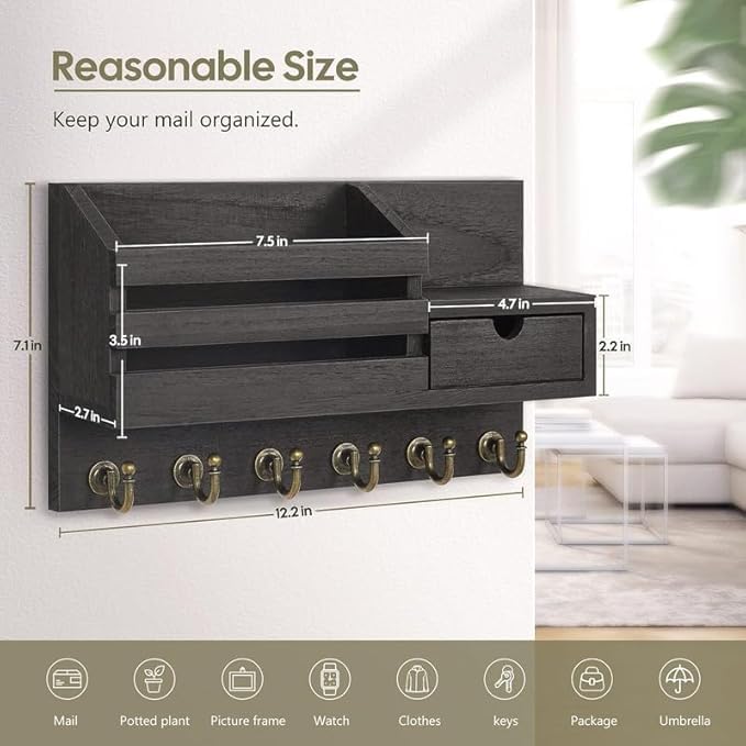 Image of Wooden Wall Mounted Key Holder with Hooks and Organizer Shelf Wall Rack for Letters Wallets and Accessories Home and Office Wall (Black, Drawer Organizer)