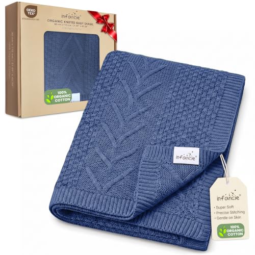 Image of infancie Organic Cotton Knit Boy Baby Blanket Infant Toddler Gift 31x43 in | Oeko-TEX Certified, Swaddling Blanket, Soft Baby Blankets, Knit Baby Blanket, Blue, For Baby Boys, Lightweight layer
