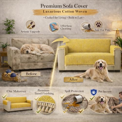 Image of STITCHNEST Woven Fabric Sofa Cover 3 Seater with 2 Hand Rest Covers - Washable Green Sofa Cover with Tassels - Durable Premium Fabric - Stylish Sofa Protector for Living Room & Furniture Decor