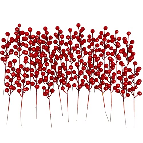 KPUETY Artificial Berry, 24 pcs Christmas Berries Stems, Artificial Christmas Picks,Artificial Berries Stems for Xmas Tree Ornaments Wreath Decorations Home (Red)