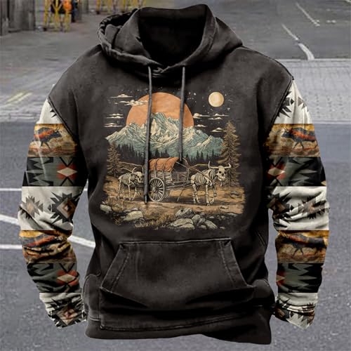 Image of domirica Hoodies For Men Western Cowboy Pullover Big And Tall Comfort Fashion Cool Novelty Graphic Hooded Sweatshirt
