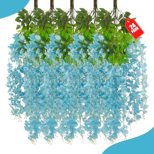 ZEBMOON 24 Pack Lake Blue Wisteria Hanging Flowers, 3.4 Ft Fake Hanging Flowers, Artificial Wisteria Garland Vines for Wedding Room Backdrop Outdoor Patio Garden Decoration