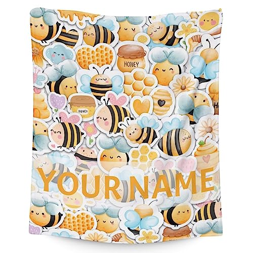 Personalized Bee Blanket Gifts, 40"x50" Cute Throw for Women Girls, Soft Cozy Warm Flannel Blanket for Sofa Bed