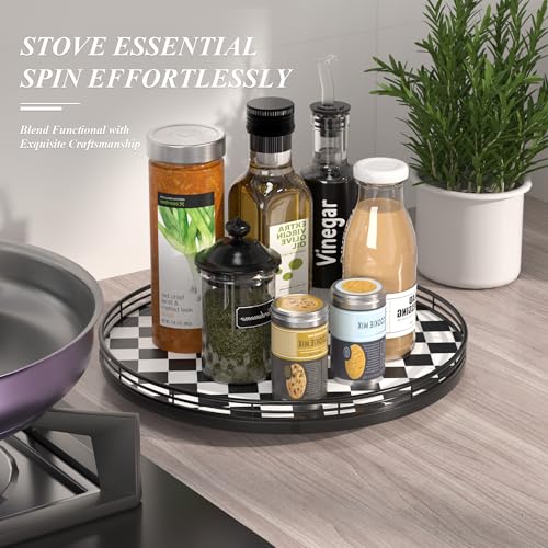 Image of Black and White Kitchen Lazy Susan Turntable - Checkered Round Decorative Tray, 13 inch Table Top Oak Wood Lazy Susan for Cookies, Dining Table Organizer, Small Kitchen Table Centerpiece