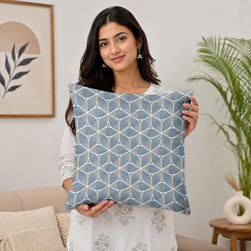 Image of Divine Casa Pluto Cushion Covers Set of 5 Slate Grey | 16x16 Inch Jacquard Patchwork Design Sofa Cushion Covers | Decorative Throw Pillow Covers for Living Room & Bedroom