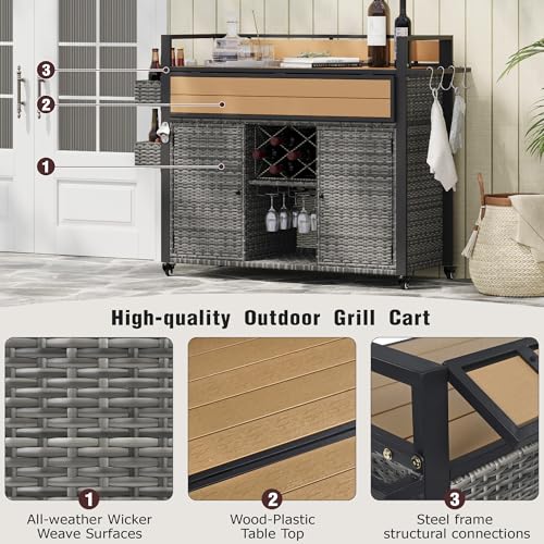 Image of Merax 52.8 inch W Wicker Outdoor Grill Cart with Extended Plastic Wood Table Top, Rolling Kitchen Island on Wheels with Storage Cabinet, for Patio Backyard Garden Poolside, Double Handle Design, Grey