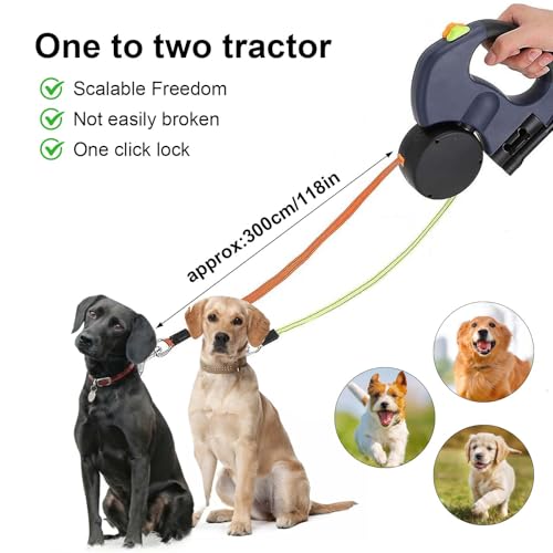Doppelte Einziehbare Hundeleine 3m Flexible Rollleine mit LED Licht, Automatische Lange Hundeleine für 2 Hunde bis 15 kg, Rutschfester Griff, Robuste Ausziehleine Doppel Hundeleine für Kleine & Große