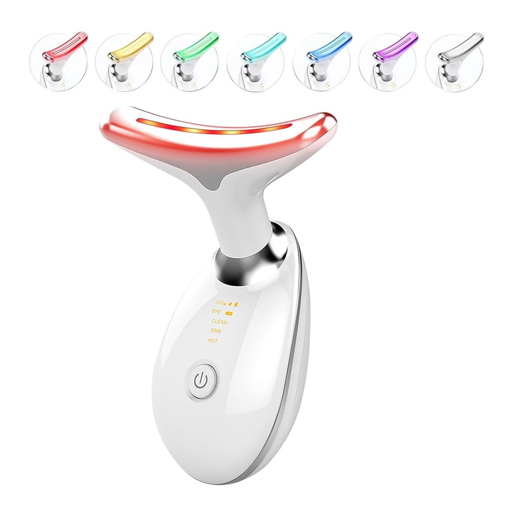 Masajeador Facial, 7 Colores 3 Modos Led Dispositivo Esculpidor Facial Para Cara Y Cuello, Masaje EMS Máquina Reafirmante Tonificante Facial, Para Skintightening Y Lifting de Cuello (White)