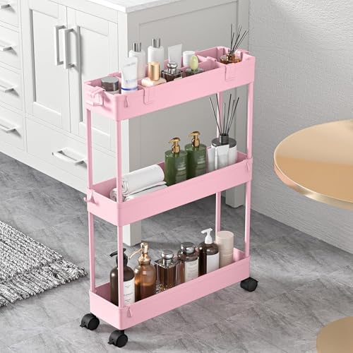 Image of SPACELEAD 2-piece Set Slim Storage Cart 3 Tier,Bathroom Organizer Rolling Utility,Mobile Shelving Unit Slide Out for Office, Kitchen, Laundry Room & Narrow Places