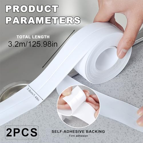 Image of 2PCS White Caulk Tape Waterproof Self Adhesive Caulking Strips 1.5 inch x 10.5ft Sealant Bath Sealing Strip Tape Decorative Caulk Stickers for Kitchen Bathroom Toilet Bathtub Christmas Gifts