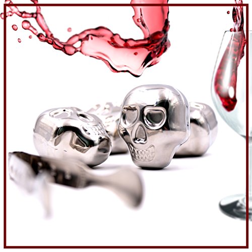 Whiskey Stones B-Kitchen [Stainless Steel] Rocks [Set of 2 Large] Ice Cubes Chilling Stones for Wine Beer Scotch and Vodka,with Ice Tong & Carrying Pouch (Skull Head 2 Pack)