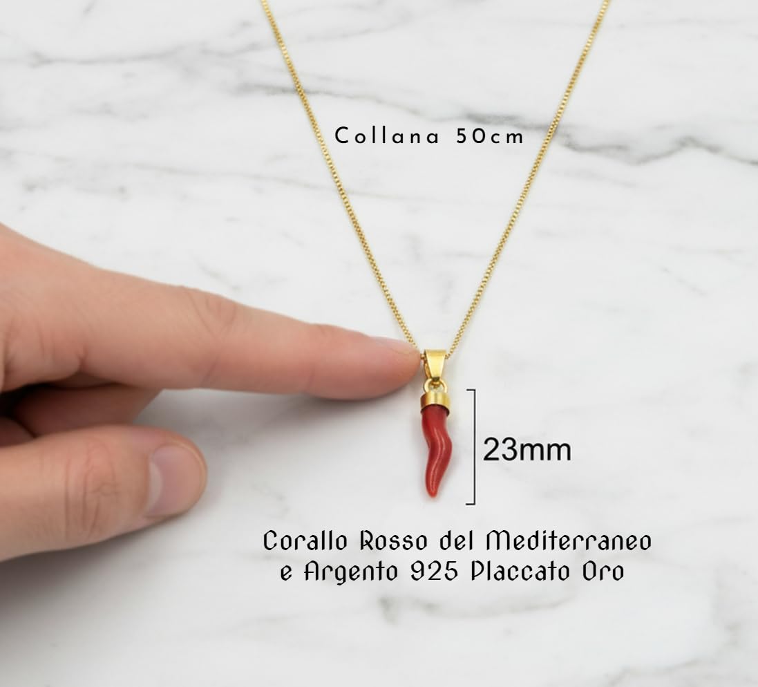 Collana con Cornetto Portafortuna in Corallo Rosso del Mediterraneo e Argento 925 Placcato Oro