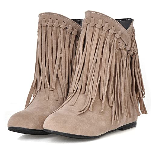 KiutSymo Womens Ankle Fringe Boots Round Toe Wide Calf Flat Tassel Boots Casual Hidden Wedge Heels Ankle Boots for Winter
