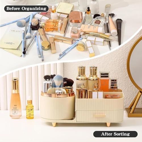 Image of SIBY ABS Plastic Cosmetic Storage Box for Women's | 360 Rotating Makeup Brush Holder for Dressing Table | Vanity Makeup Organizer Box with Transparent Cap and Drawer (Cream)