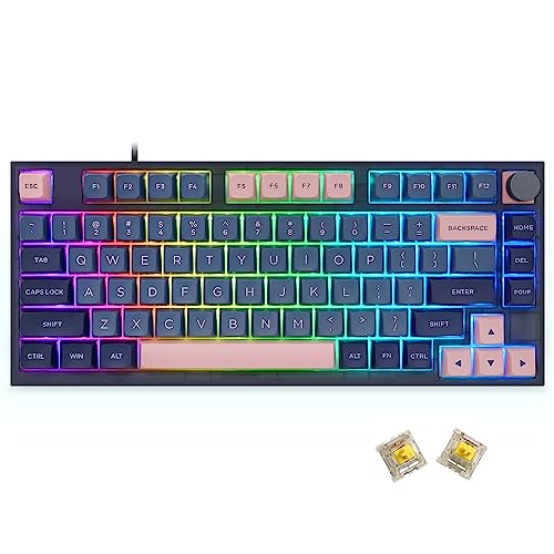 Image of MOLGRIA SKYLOONG GK75 75-Key RGB Backlit Gaming Keyboard with Dark Blue and Pink PBT Keycaps, Hot Swappable Yellow Mechinery Switches, Type C Wired Knob Mechanical Keyboard for Win /Mac OS