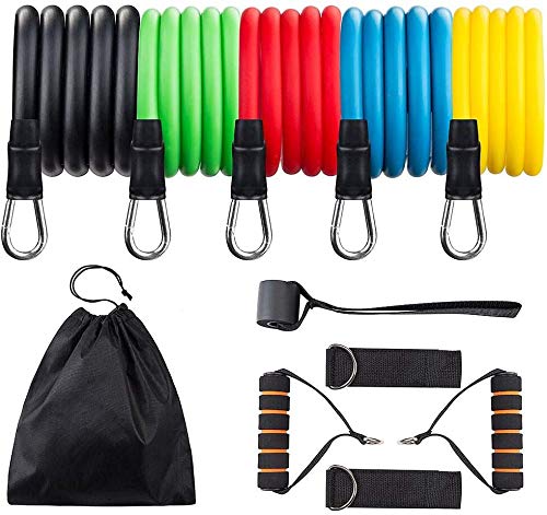 Resistance Bands Training Set, Stretch Exercise Band Set with Door Anchor, Physical Therapy Keep Fit Exercise Bands with Handles, Ankle Straps and Carry Bag, 11 Pack Suitable for Any Fitness Level