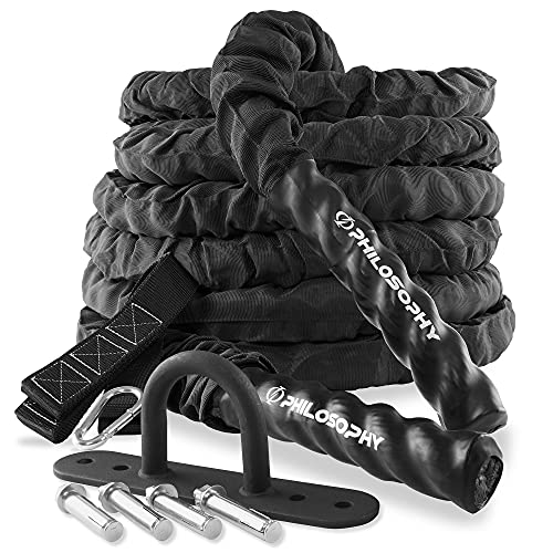Philosophy Gym 40 Foot Exercise Battle Rope 2 Inch Diameter with Cover and Anchor Kit