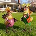 Natelf Metal Rooster & Hen Outdoor Statues Home Decor Hand-Painted Chicken Sculptures with Flower for Home Patio Lawn Backyard Farmhouse Kitchen Weather-Resistant Garden Ornament Gift Set