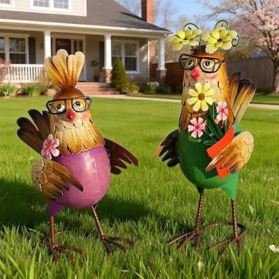 Natelf Metal Rooster & Hen Outdoor Statues Home Decor Hand-Painted Chicken Sculptures with Flower for Home Patio Lawn Backyard Farmhouse Kitchen Weather-Resistant Garden Ornament Gift Set