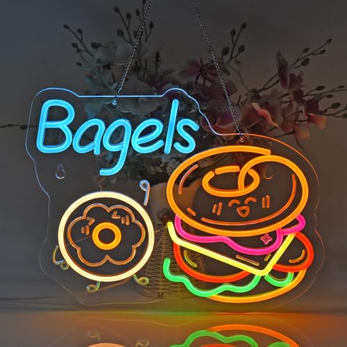 Image of Bagels Neon Sign, Neon Lights Hanging Wall Art Decoration for Store Retail Shop Market Mall Grocery Bakeries Cafe Celebration Home Decor, USB Powered Ultra Bright Dimmable, 15.75*12.2 inches