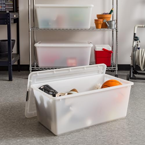 Image of IRIS USA 91 Qt Stackable Plastic Storage Bins with Lids, 4 Pack - BPA-Free, Discreet Organizing Solution, Latches, Durable Nestable Containers, Secure Pull Handle, Made in USA - Pearl