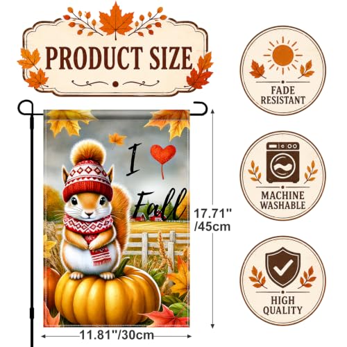 Image of BlissYard I Love Fall Garden Flag Squirrel Pumpkin Decor 12x18 Inch | Double sided polyester, I Love Fall squirrel artwork, cozy woodland charm for Thanksgiving porch and yard displays