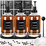 Coffee Syrup Dispenser for Coffee Bar, Set of 3 Simple Glass Syrup Bottle w. Pump and Labels, 16.9 oz 500ml Syrup Pump Dispenser, Syrup Dispenser w. Tray & Coffee Scoop