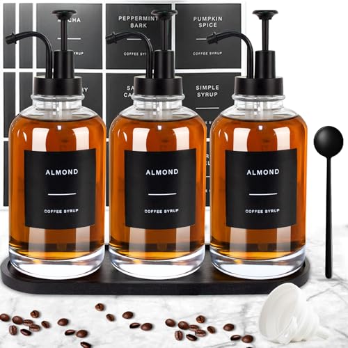Coffee Syrup Dispenser for Coffee Bar, Set of 3 Simple Glass Syrup Bottle w. Pump and Labels, 16.9 oz 500ml Syrup Pump Dispenser, Syrup Dispenser w. Tray & Coffee Scoop