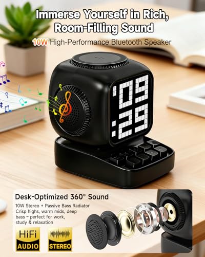 Image of Retro Robot 5-in-1 Bluetooth Speaker: 15W Wireless Charger, Pixel LED Screen, 10W Stereo Sound & 15 White Noise, Alarm Clock, Cute Portable Wireless Speaker for Bedroom Desk Office, Birthday Gifts