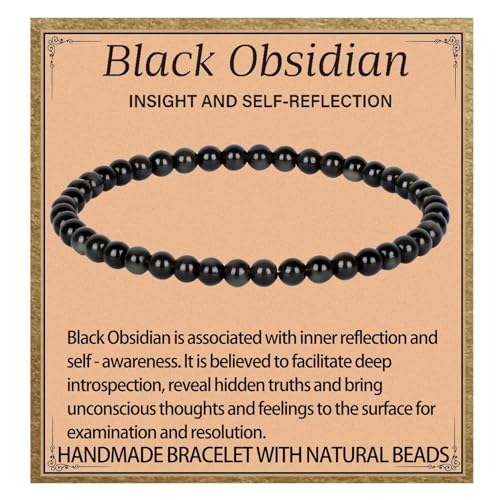 LPBeads Handmade Natural Gemstone Stretch Elastic 4m Black Obsidian Bracelet Healing Crystal Round Stone Beads Jewelry Gifts for Women Men