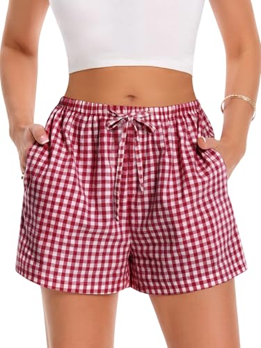 Women Boxer Shorts Comfy Gingham Drawstring Pajama Bottom Plaid Casual Pants with Pocket(Red M)