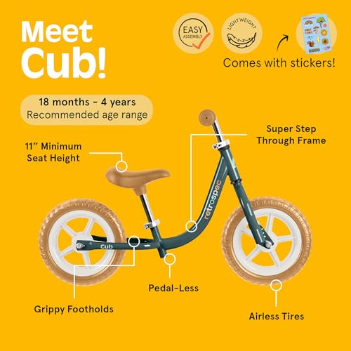 Image of Retrospec Cub Toddler Balance Bike for Ages 18 Months - 3 Years - 12in No-Pedal Beginner Bicycle with Adjustable Seat, Puncture-Proof Tires & Safe Low Frame Design