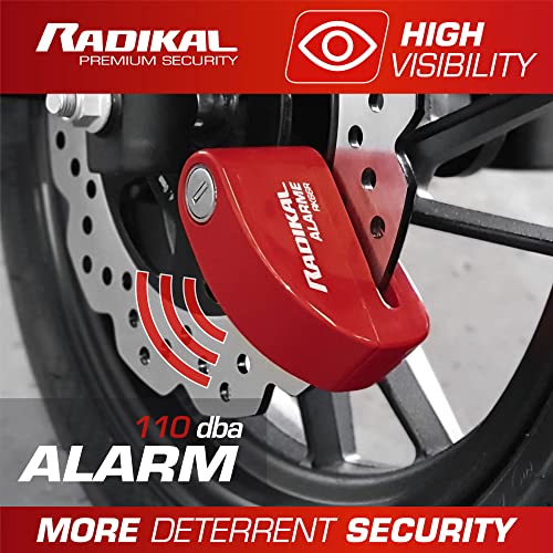 RADIKAL RK66R Motorcycle Disc Lock Alarm 110dB, Deterrent & Waterproof, 6mm Security Click Locking, 5ft Reminder Cable, Spare Batteries, Universal Anti Theft Wheel Brake Lock for Scooter Electric Bike