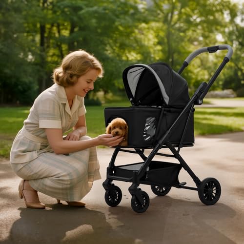 Image of Babyboat Portable Dog Stroller for Small Dogs Cats Up to 35 Lbs - Black | One Hand Folding Compact Travel Pet Stroller with Convertible Canopy, Storage Basket, Cup Holder