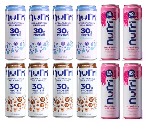 Nurri Ultra Filtered Protein Milk Shake, 4- Vanilla, 4-Chocolate & 4- Strawberry Flavors,Low Sugar, 11 FL oz Cans (Total 12 Count) variety Pack
