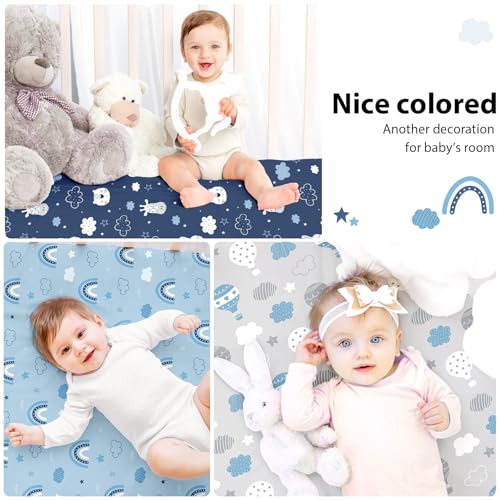 Image of Baby Crib Sheets for Boys and Girls, 3 Pack Toddler Bed Sheets for 52 inchx28 inch Standard Toddler Mattresses, Soft Microfiber Fitted Crib Sheets Neutral Blue Cloud Animals