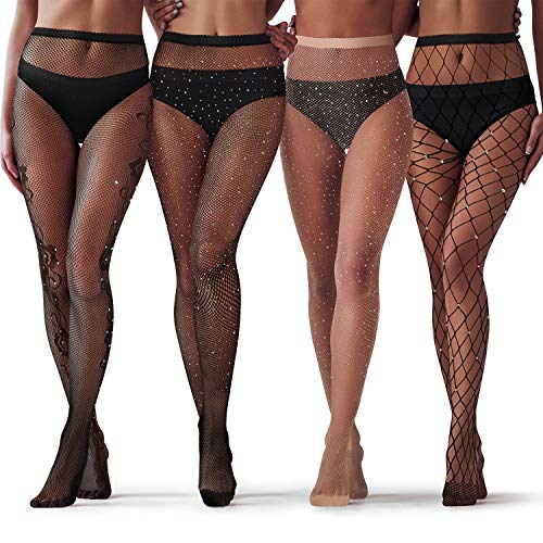 4 Pairs Sparkly Rhinestone Fishnets Woman High Waist Net Tights Pantyhose (Black, Beige, Fishnet, Floral Pattern)