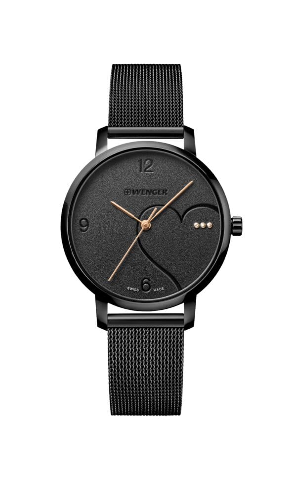 WENGER Damen Armbanduhr Metropolitan Donnissima Ø 38mm, Swiss Made, Analog Quarz, Wasserdicht bis 100m, Mesh-Armband, Schwarz, 01.1731.124