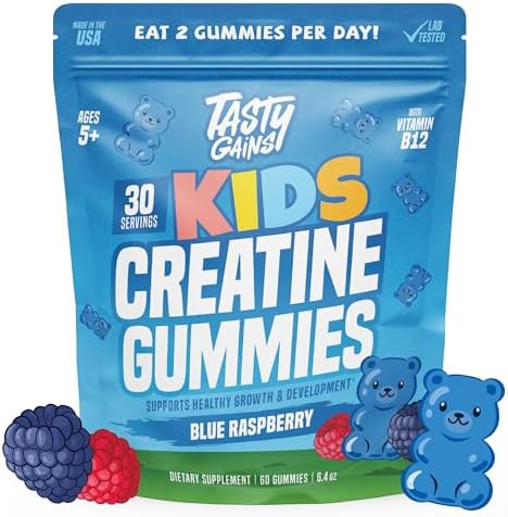 TASTY GAINS Kids & Teen Creatine Gummies with Vitamin B12 for Advanced Growth Support, Youth Sports Performance & Cellular Muscle Hydration Chewables, Ages 5+ (Blue Raspberry, 60 Count)