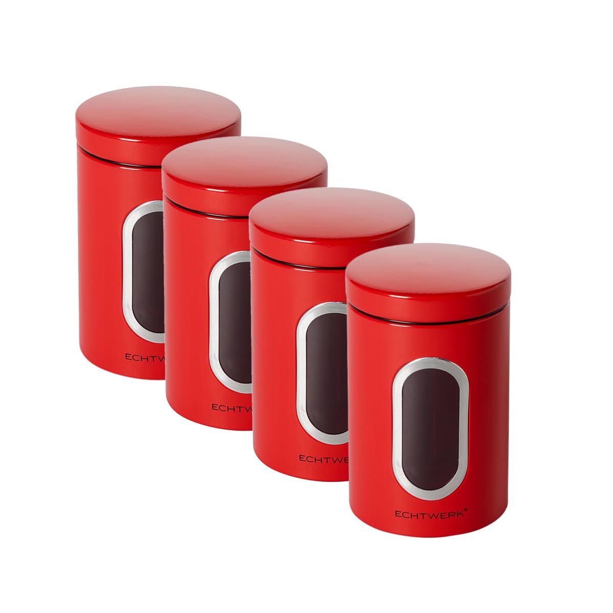 ECHTWERK Boîtes de conservation en métal avec fenêtre et couvercle hermétique, lot de 4 pièces, boîtes alimentaires pour farine sucre thé café, rouge