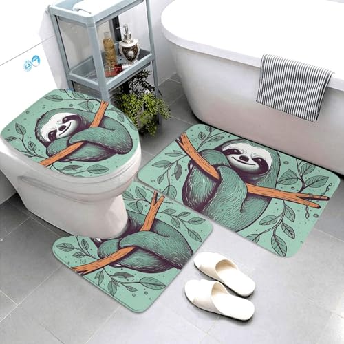 Dwrepo Sloth Green Print Bathroom Rug Set 3 Piece with Non-Slip U-Shaped Contour Mat and Toilet Lid Cover for Bathroom Decoration