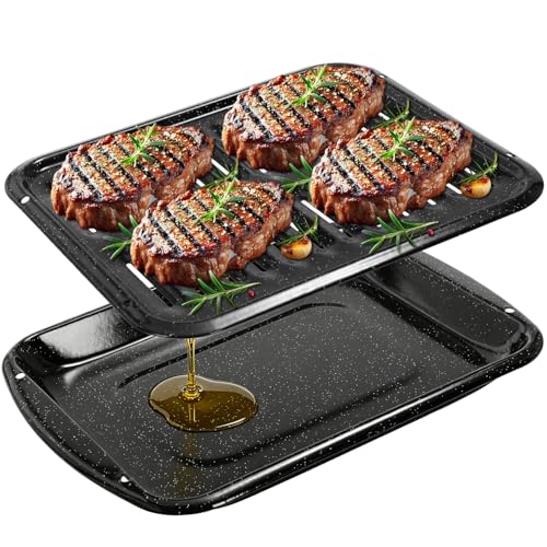 RIDGEPOLE 16.7 Broiler Pan for Oven with Rack Porcelain Enamel Roasting Pan Set Nonstick Broiling Pan for Oven Heavy Duty Grill Pan & Drip Tray for Baking Grilling & Roasting Bacon Steak Meats