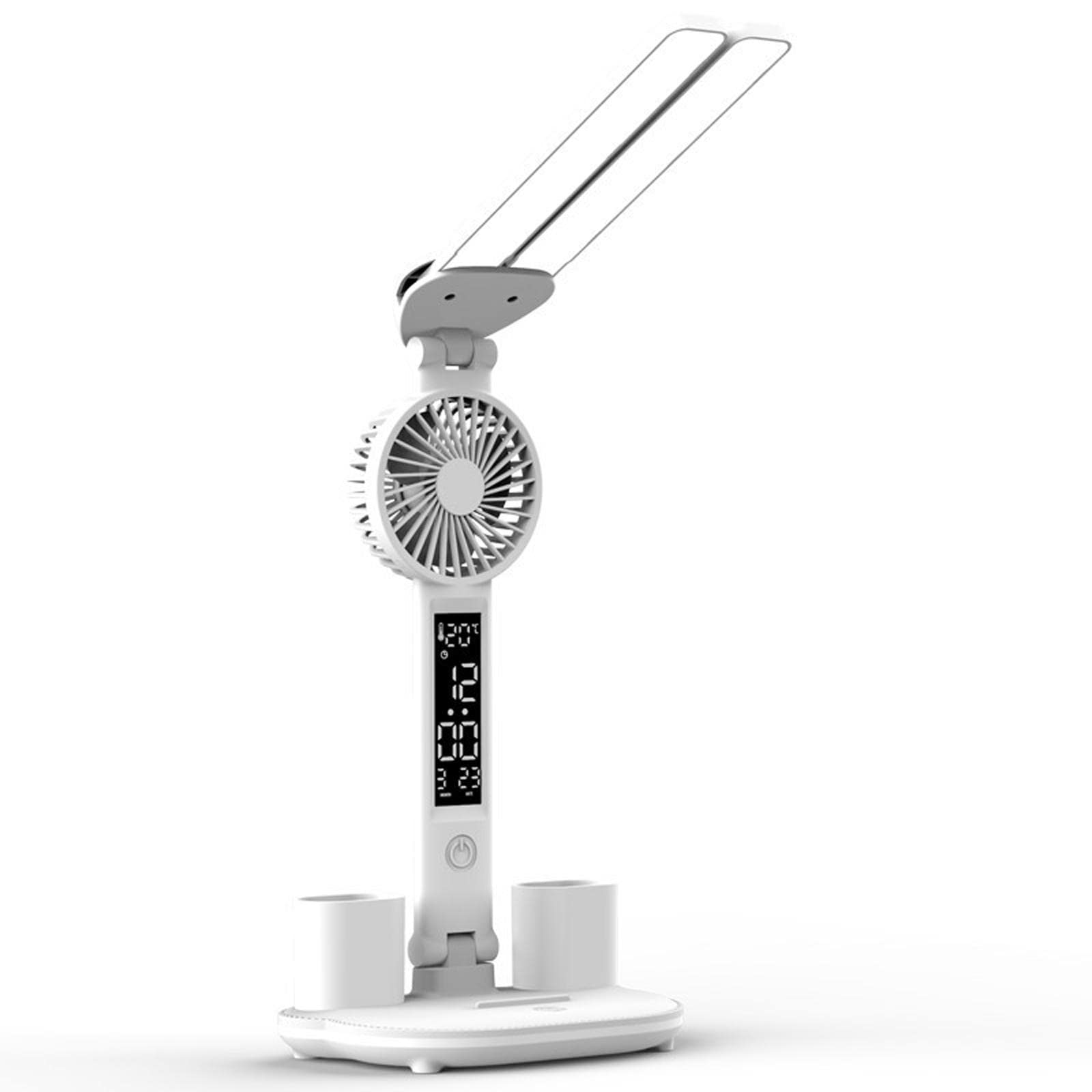Sharplace Tischlampe LED-Schreibtischlampe mit Lüfter, Uhr-/Datums-/Temperaturanzeige, Stifthalter 3 Beleuchtungsmodi Augenschutz-Leselampe für, Einstecken