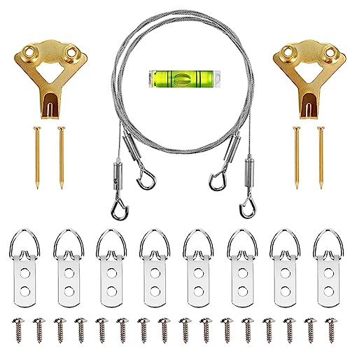 Image of SDTC Tech Adjustable Picture Hanging Wire Kit 2m x 1.5mm Stainless Steel Wire Rope, D-Rings, Wall Mounting Hooks, Adjustable Hangers, Level & Screws for Paintings Photos Mirror Frames Hold Up to 80lbs
