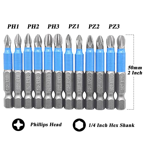 Bestgle 12Pcs Magnetic Phillips & Pozidriv Screwdriver Bits, 1/4" Hex Shank 50mm Anti Slip Cross Slot Phillips Head Drive Bit - Image 2