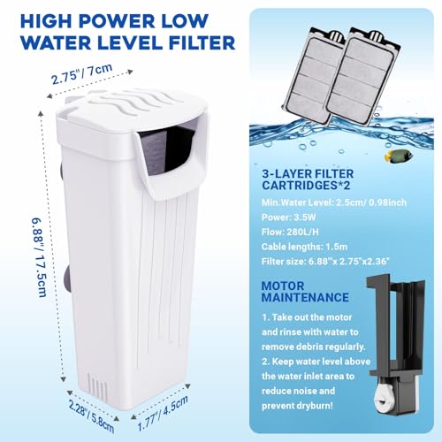 Image of GOZILLA Turtle Tank Filter 74GPH, Low Water Level Turtle Tank 3.5W Fish Tank Aquarium Filters for Small Tanks up to 15 Gallons Include 2 Replacement Cartridge.(White)